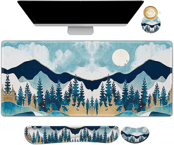 ARTSO Large Gaming Mouse Pad Set Keyboard Wrist Rest Support + Mouse Wrist Cushion + Extended Mousepad + Coaster 35x15.5in Multifunctional Desk Mat Abstract Mountain