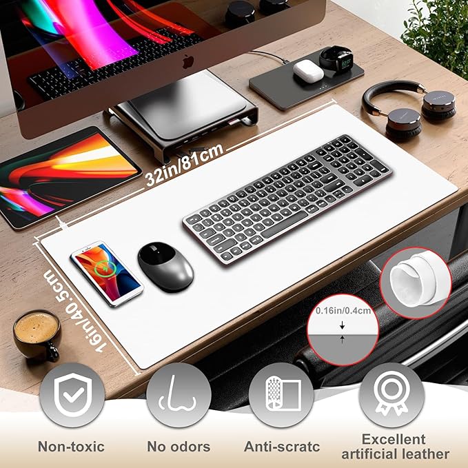 Desk Mat with Wireless Charging White Mouse Pad with Wireless Charger Desk Pad Matt for Desktop Mousepad Gaming Large Mouse Pad Leather Compute for Keyboard and Mouse 32 x 16