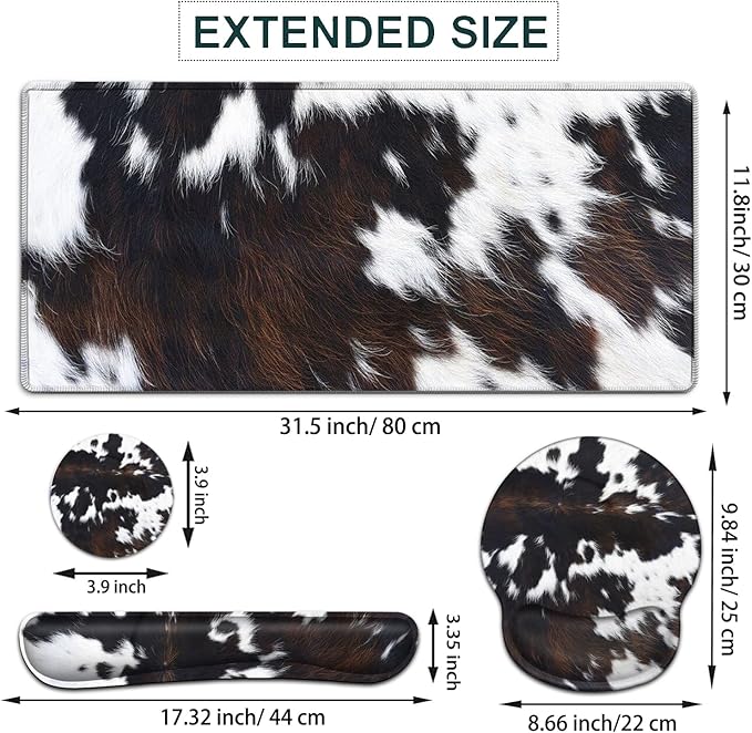 Large Mouse Pad Ergonomic Mouse Pad with Wrist Rest and Keyboard Wrist Rest 4 in 1 Set 31.5 x11.8 inch Extended Desk Pad for Home Office Cute Funy Faux Black Brown Cowhide Fur XXL Gaming Mouse Mat