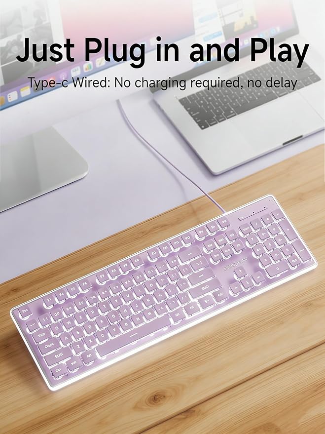 EWEADN GX710S Backlit Computer Keyboards Wired USB Keyboard with White Backlit Metal Panel Plug and Play Pudding Keycaps Full Size Quite Computer Keyboard for Win/PC/Laptop-Purple