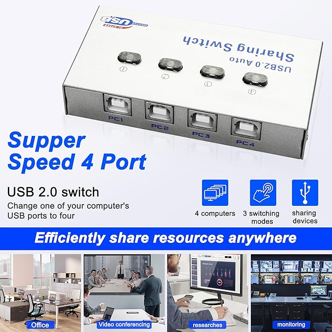 XMSJSIY USB 2.0 Sharing Switch Selector 4 in 1 Out Printer Sharer Switcher 4 PC to 1 Splitter Hub for PCPrinterScannerKeyboard PlotterCard Reader -1 PCS
