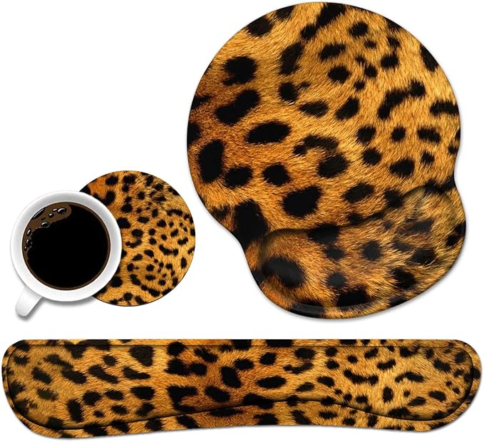 Keyboard Wrist Rest and Mouse Wrist Rest Pad Set with Coasters Ergonomic Support Non-Slip PU Base Easy Typing and Relieve Wrist Pain Perfect for Home Office Working Studying Leopard Print