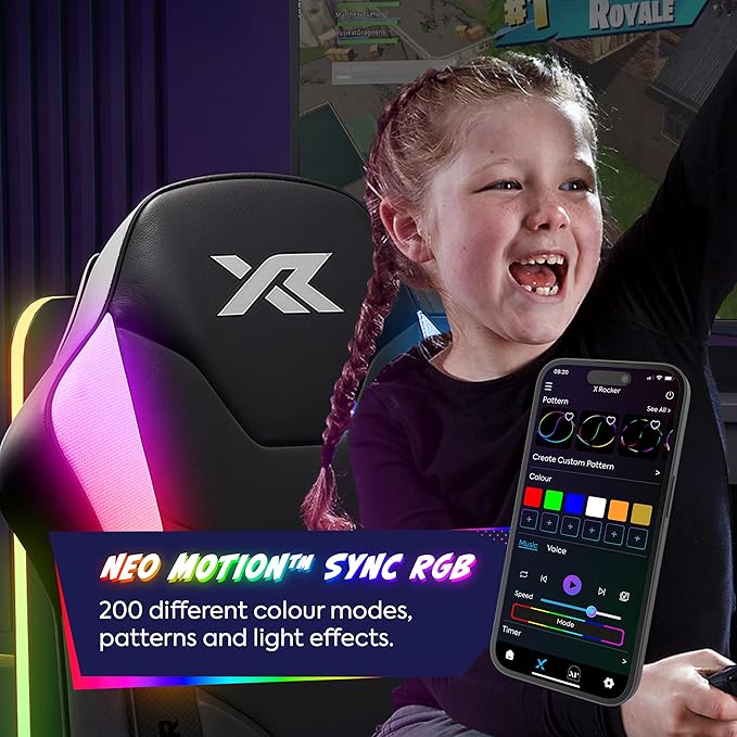 X Rocker Shadow RGB 2.0 Floor Rocker Audio Console Gaming Chair - Neo Motion™ Sync App Controlled LED Lights Headrest Speakers Folding Rocking Base Wipe-Clean Faux Leather for Kids &amp Teens - B