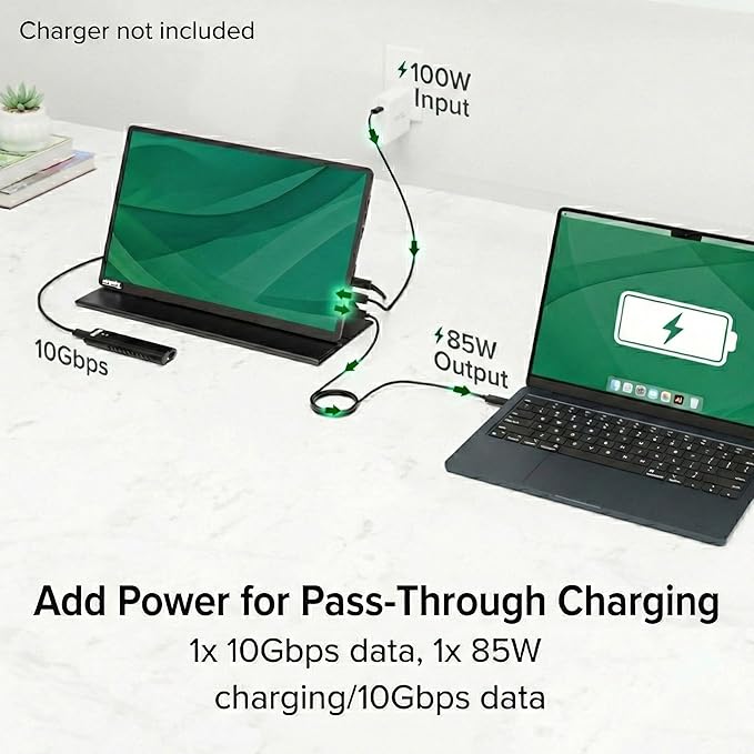 Plugable 15.6 USB-C Portable Monitor with 100W Pass-Through Charging | 2X USB-C 10Gbps Hub | FHD 1920x1080 IPS Display for Mac Windows iPad Smartphone | 1.85lbs Travel Cover/Stand Included