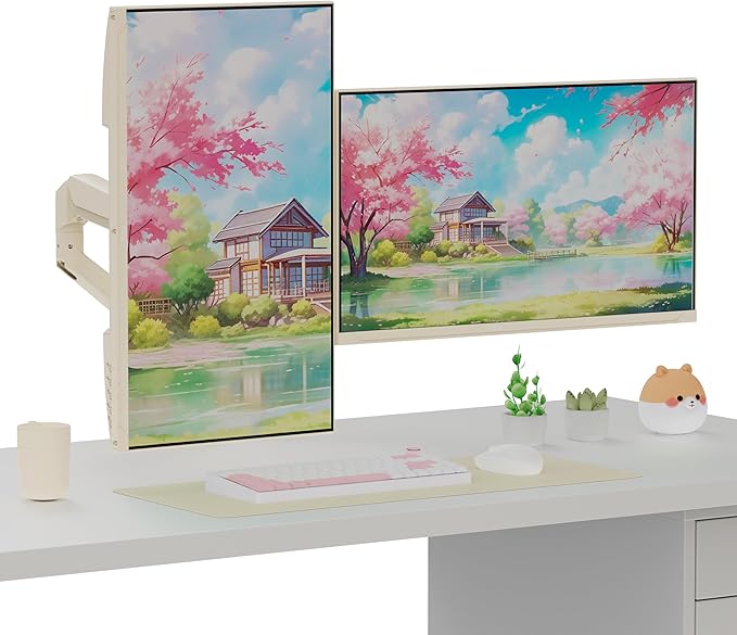 Pixio Two PX248 Wave Beige 24 inch 200Hz FHD 1080p Resolution Fast IPS Panel 1ms GTG Response Time Gaming Monitor and PS1D Wave Beige Dual Monitor Arm - Fits up to 32 inches and 19.8lbs