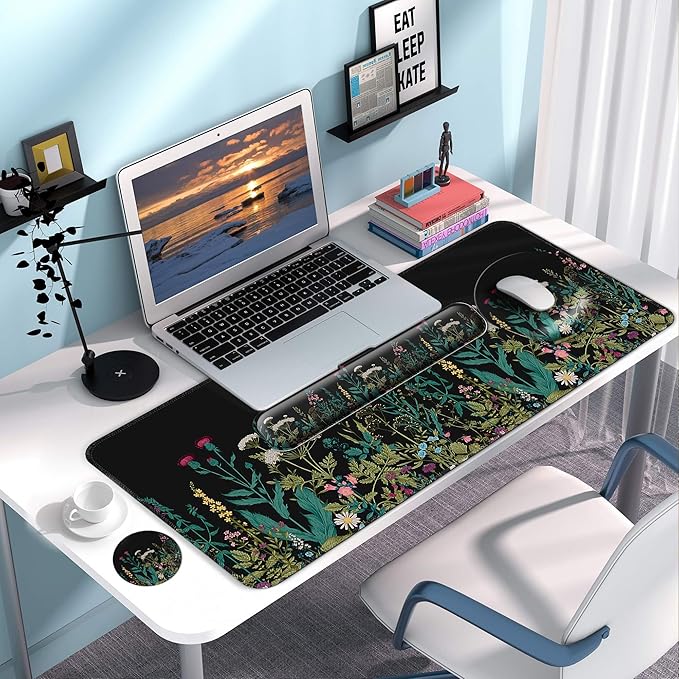 Desk Mat Set + Keyboard and Mouse Pad with Wrist Rest Support4-in-1 Large Mousepad Computer Mats for Desktop Home &amp Office-Floral Flowers
