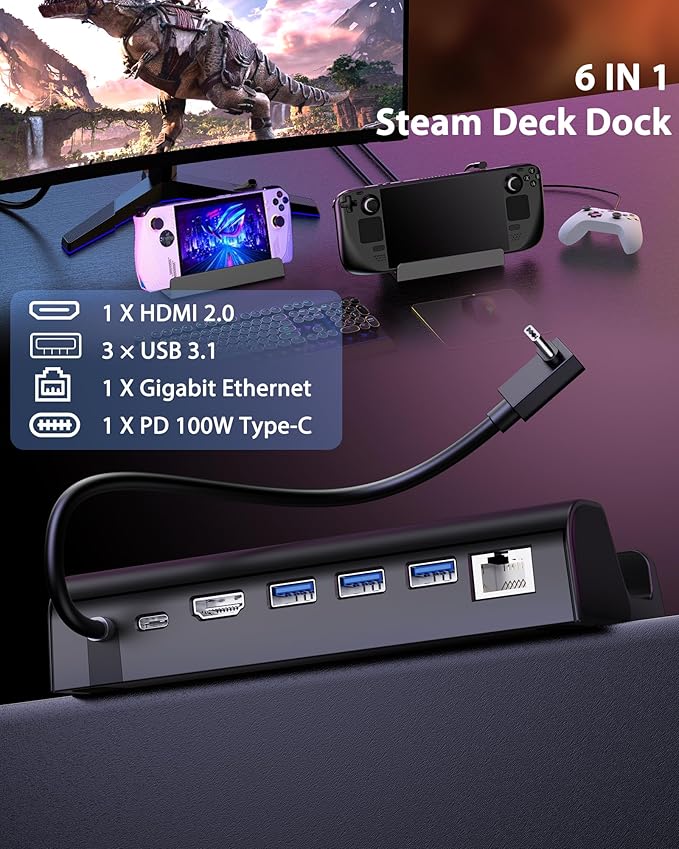 Antank 6-in-1 Docking Station for Steam Deck/ROG Ally Steam Deck Dock with HDMI 2.0 4K@60Hz Gigabit 1000Mbps Ethernet 100W PD Fast Charging and 3 USB-A 3.0 USB-C Port for Valve Steam Deck OLED