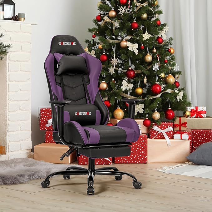 Massage Gaming Chair w/Footrest Video Racing Chair PC High Back Desk Computer Chair PU Leather Recliner w/Headrest and Lumbar Pillow Purple