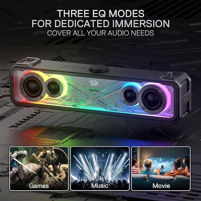 Redragon GS817 RGB Desktop Soundbar 2.0 Channel Stereo Speakers for Desktop w/Massive 30W Max Power Touch-Control Bluetooth 5.3 &amp 3.5mm AUX Inputs Black