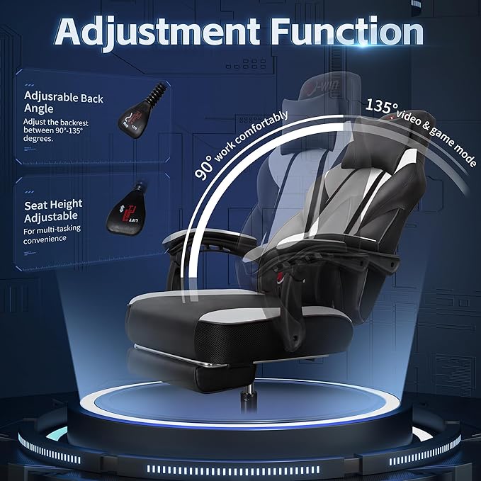 Video Gaming Chair for Adults Computer Chair with Footrest and Ergonomic High Back Big and Tall Gamer Chair with Massage Lumbar Support 360° Swivel Height Adjustable Computer Chair White