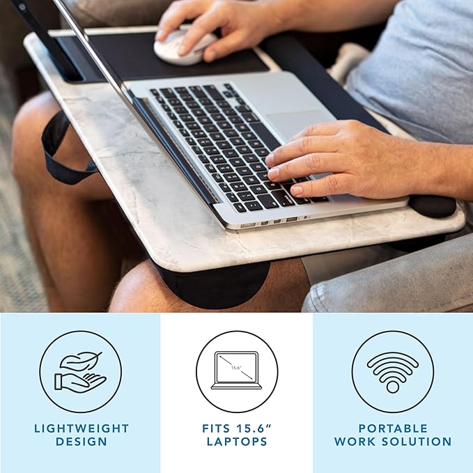 LAPGEAR Home Office Pro Lap Desk with Wrist Rest Mouse Pad and Phone Holder - White Marble - Fits up to 15.6 Inch Laptops - Style No. 91591
