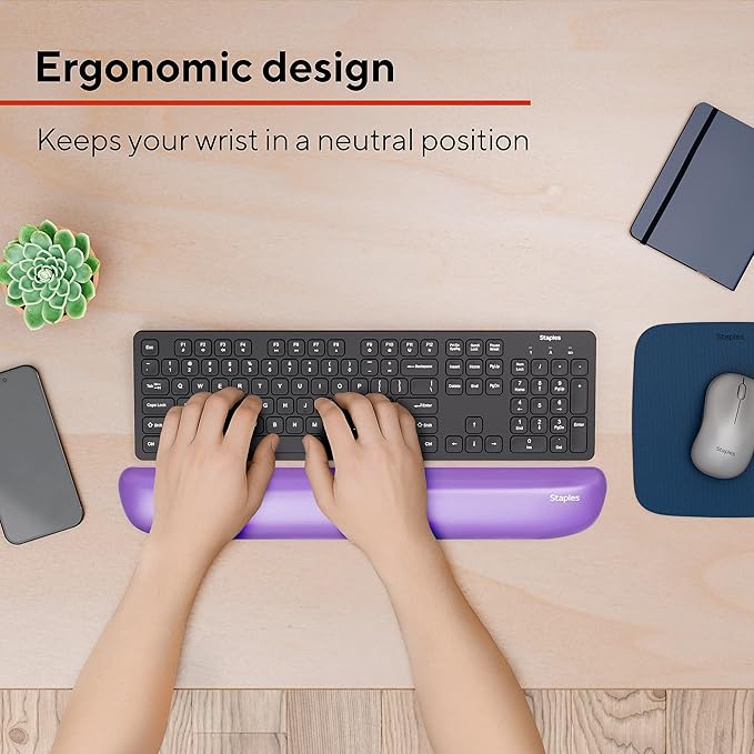 STAPLES Gel Keyboard Wrist Rest Ergonomic Non‑Slip Wrist Support Cushion for Comfortable Typing Durable Gel‑Filled Design Purple Crystal