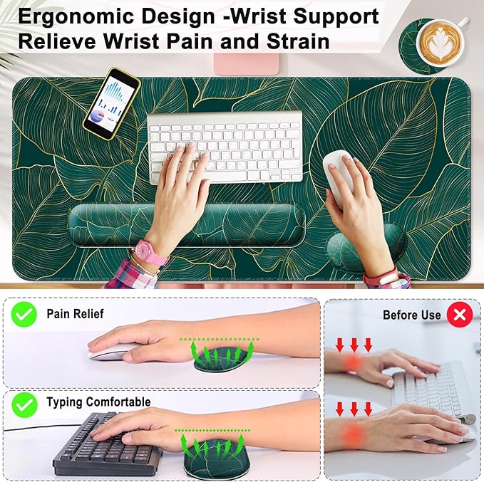 Keyboard Wrist Rest + Mouse Pad with Wrist Support + Desk Mat + Coaster 4 in 1 Set XXL Large Gaming Mousepad Cute Ergonomic Mouse Pads for Desk Computer Laptop Office Decor-Green Leaves