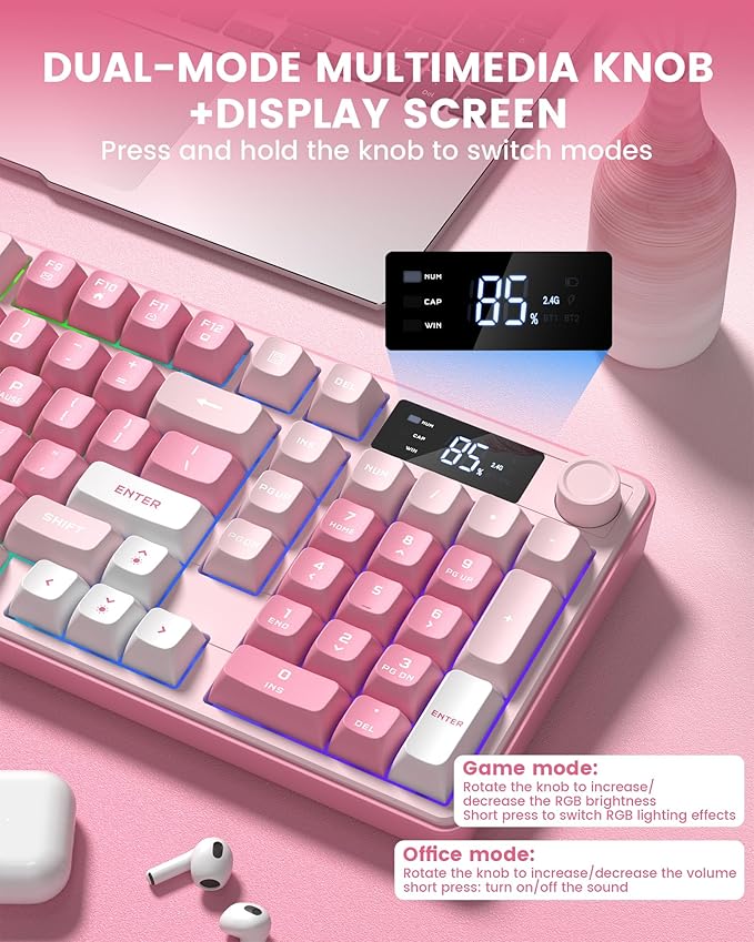 Keymatic Gaming Keyboard Wireless Creamy Keyboard with Media Knob &amp Screen Cute Keyboard Mechanical Feeling Membrane Keyboard with Number Pad RGB Backlit Tri-Mode BT/2.4GHz/USB-C - Pink