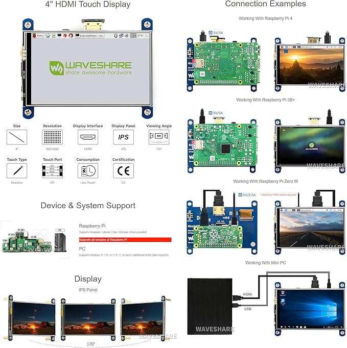 Waveshare 4inch Resistive Touch Screen LCD Compatible with Raspberry Pi 4B/3B+/3A+/2B/B+/A+/Zero/Zero W/WH/Zero 2W CM3+/4 480×800 Resolution HDMI IPS Low Power Consumption Supports Windows