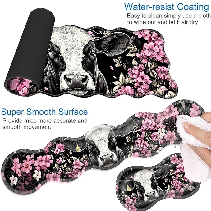Desk Mat Mouse Pad with Wrist Rest 4-in-1 Large Mouse Pads for Desk Ergonomic Mouse Pad and Keyboard Wrist Rest Gaming Keyboard Mat for OfficeCute Cow Floral