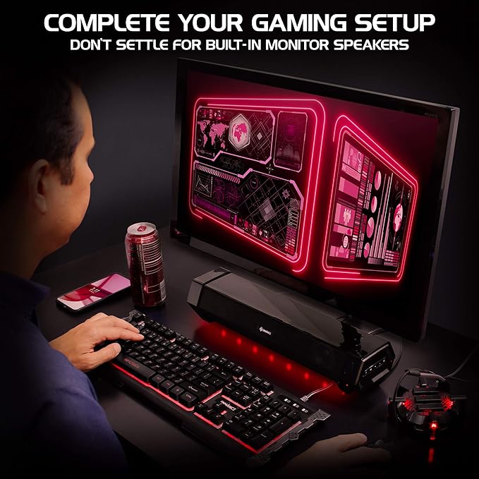 ENHANCE Gaming Attack Sound Bar PC Speaker - Under Monitor Soundbar Computer Speaker with Loud 40W Hi-Fi Audio 3 LED Color Modes and Dual Inputs for PC Laptop or Phone AUX