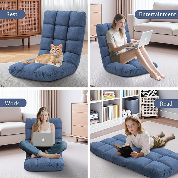 Folding Floor Gaming Chair with Back Support 14-Position Adjustable Recliner - Padded Cushion with Breathable Linen &amp Cotton Blend for Adults &amp Kids Perfect for Gaming Reading &amp Meditat