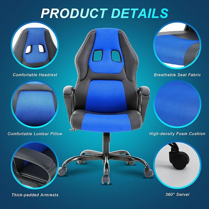 Silla Gamer Ergonomic Racing Chair - Blue Leather Massage Gaming Chair for Adults and Kids