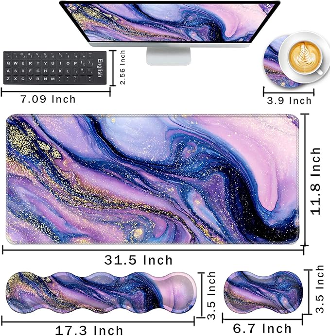 Keyboard Wrist Rest and Mouse Pad with Wrist Support Set Ergonomic CoasterMemory FoamEasy Typing Pain ReliefLarge XL Desk Mat 31.5x 11.8Purple Marble