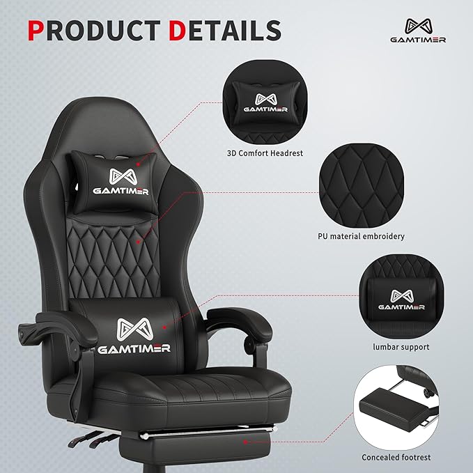 Gaming Chair with Footrest Ergonomic Computer Chair PU Breathable Material with Headrest and Lumbar Support Suitable for Silla Gamer and Adults(Black)