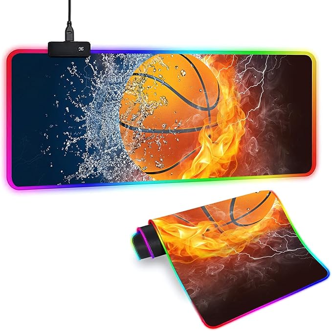 XL RGB Gaming Mouse Pad with 14 Light Modes - Light Up Gamer Mouse Pad31.5 x 11.8in Non-Slip Basketball Style Led Large Gamer Mousepad Black Long Glowing Gaming Accessories for Desk Waterproof