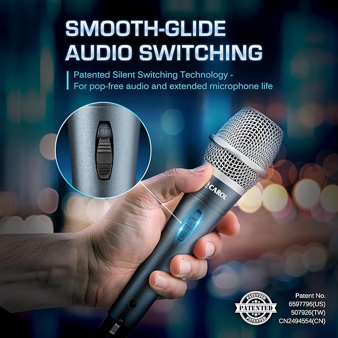CAROL E dur-916S Silver XLR Wired Vocal Microphone for Singing – Dynamic Supercardioid Mic with Dual Shock Mount System for Karaoke &amp Public Speaking Includes Mic Clip 14.8ft XLR Cable &amp Swi