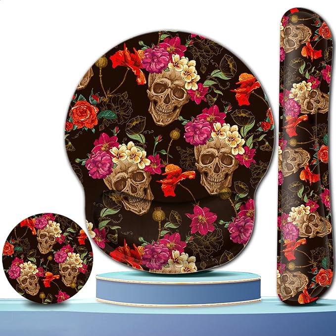 Gel Mouse Pad Wrist Support and Memory Foam Keyboard Wrist Rest in Office Accessories Set for Office Computer LaptopComfortable Lightweight for Easy Typing Pain ReliefRose Flower Skull Desk pad