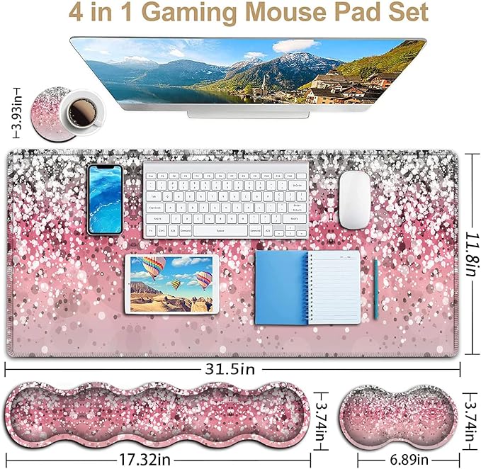 Pink Mouse PadKeyboard Mouse Pad SetExtended Gaming Mouse Pad + Memory Foam Keyboard Wrist Rest Support Pink Glitter Office Desk Mat Writing Pad Easy Typing Pain ReliefXXL Large Mousepad Desk Mat