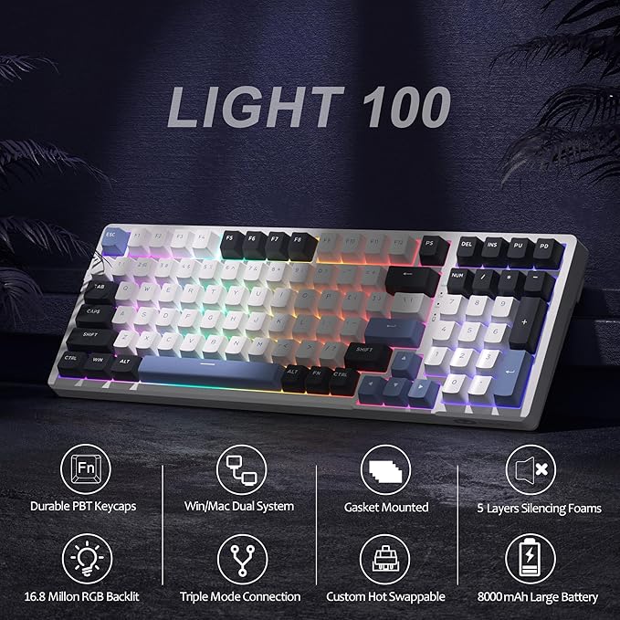 MageGee LIGHT100 Wireless Creamy Keyboard Gasket Structure Hot Swappable Tri-Mode 2.4G/USB-C/BT5.0 RGB Backlit Mechanical Gaming Keyboard for Win/Mac/PC PBT Keycap 4000mAh Battery Blue