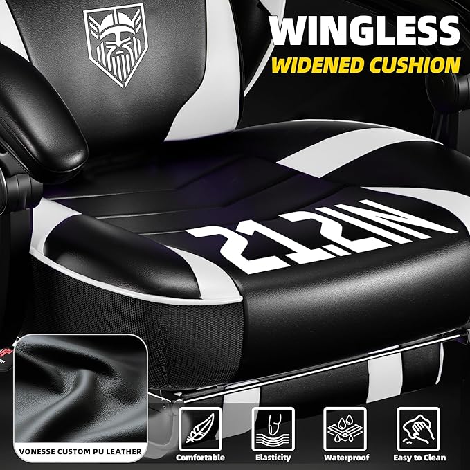 Vonesse Gaming Chair Big and Tall Gaming Chair with Footrest and Massage Gaming Chairs for Adults with Lumbar Support Ergonomic High Back Computer Chair with Pocket Spring Cushion (White/Black)