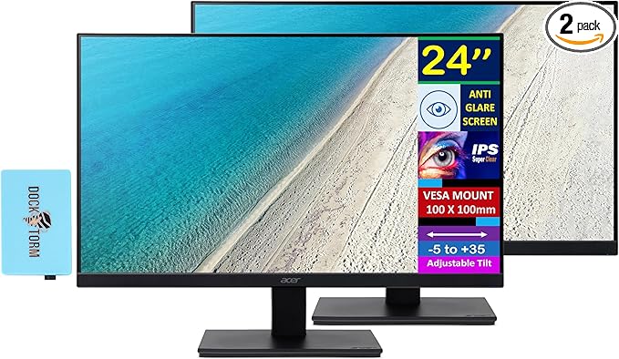 acer 24 FHD IPS Monitor with 4 ms Response Time Anti-Glare Adaptive Sync Integrated Speakers VESA Mount (100mm) &amp Dockztorm Hub HDMI Black Color (2-Pack)