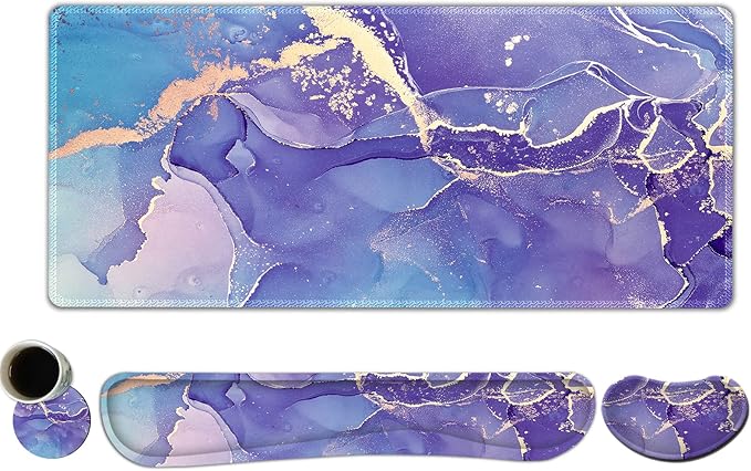 DINKY Keyboard Mouse Pad Set Large Gaming Mousepad + Memory Foam Ergonomic Keyboard Wrist Rest Support Easy Typing Pain Relief 4Pcs (35.4 x 15.7) Extended Desk Mat-Modern Purple Marble