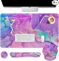 Arttown Purple Blue Marble Desk Mat Painting Golden Mouse Pad Set with Wrist Support 4-in-1 Large Mousepad+Keyboard Wrist Rest+Mouse Wrist Rest+Coaster with Ergonomic Design Non-Slip Mat