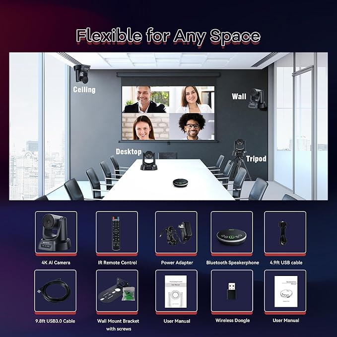 TONGVEO Conference Room Camera System 4K UHD 3X Optical Zoom 93° Ultra-Wide FoV USB3.0 PTZ Camera and Wireless Bluetooth Speakerphone with Microphones Works with Zoom OBS Skype Teams and More