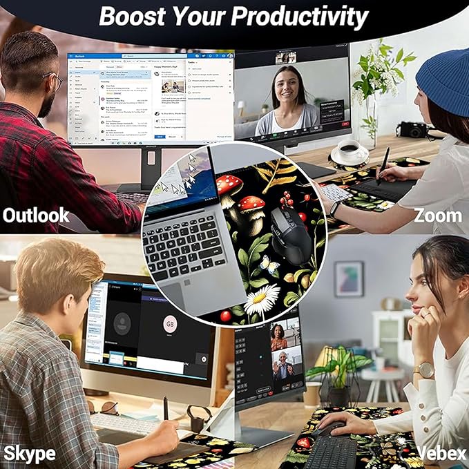 Large Mouse Pad and Keyboard Wrist Rest Desk Pad for Keyboard and Mouse 4-in-1 Large Gaming Mouse Pad with Wrist Support Desk Mat for Home Office Study GameMushroom Butterfly Flower