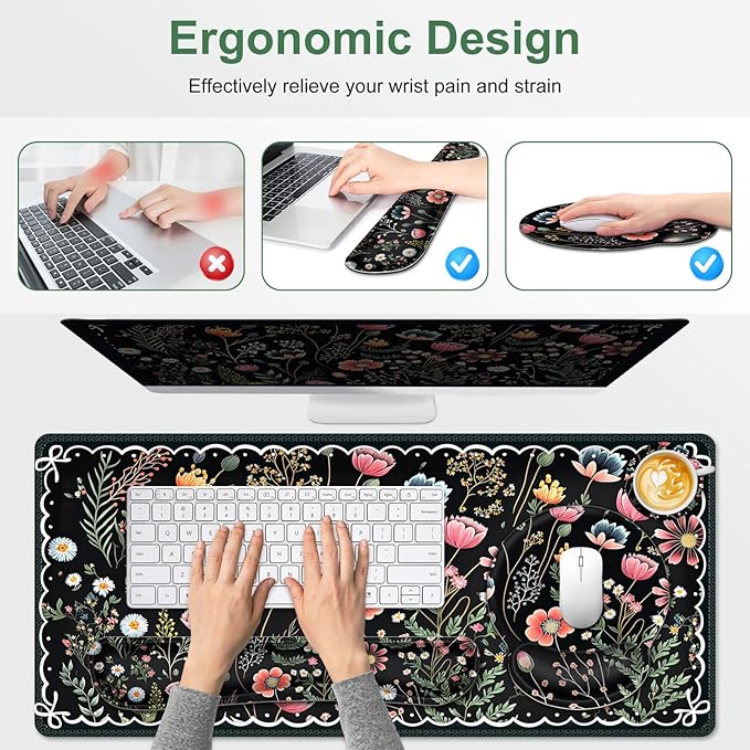 Flower Desk Mat 4in1 Large Mouse Pad with Wrist Rest Desk Matt for Desktop Desk Pad Mat Anti-Slip XXL Computer Ergonomic Mousepad with Wrist Support for Keyboard and Mouse I Black Florals Weeds