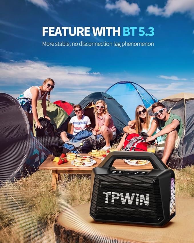 Bluetooth Speaker - 80W Loud Rugged Outdoor Speakers IPX6 Waterproof 20H Playtime Deep Bass Lightshow TWS BT 5.3 Wireless Portable for Travel Hiking Camping Beach Pool - Black
