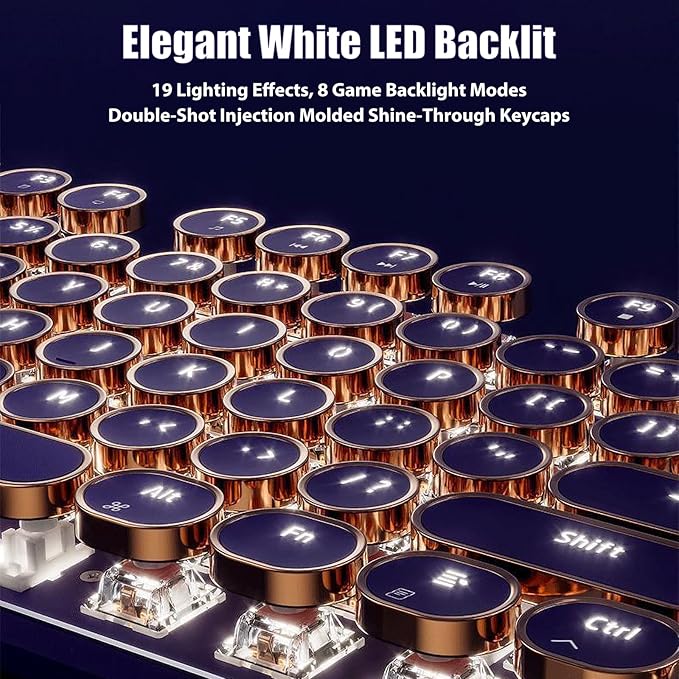 Typewriter Style Mechanical Gaming Keyboard White LED Backlit 104-Key NKRO Pink Switches Retro Round Keycaps Golden Ring Volume Knob Metal Panel Wired USB-C Detachable Cable Purple