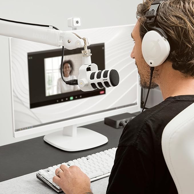 Rode PodMic USB Dynamic Broadcast Microphone with PSA1+ Microphone Boom Arm WS14 Pop Filter and Premium XLR Cable (White Bundle)