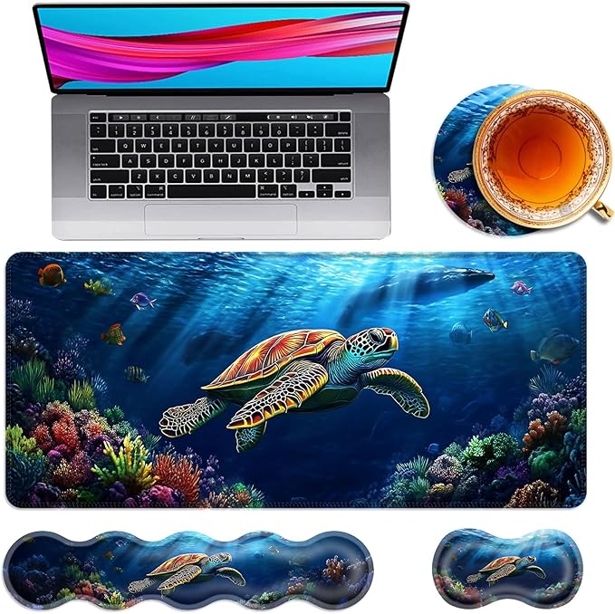 Large Mouse Pad and Keyboard Wrist Rest Desk Pad for Keyboard and Mouse 4-in-1 Large Gaming Mouse Pad with Wrist Support Desk Mat for Home Office Study GameTurtle Swimming in Ocean