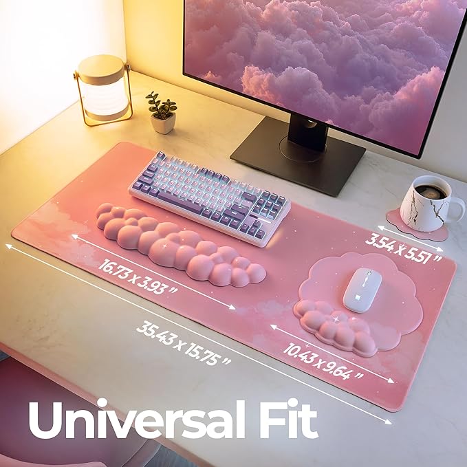 Premium Quality Cloud Wrist Rest Keyboard &amp Mouse Pad Set – Ergonomic Memory Foam Desk Accessories with Wrist Support for Office &amp Gaming – Pink