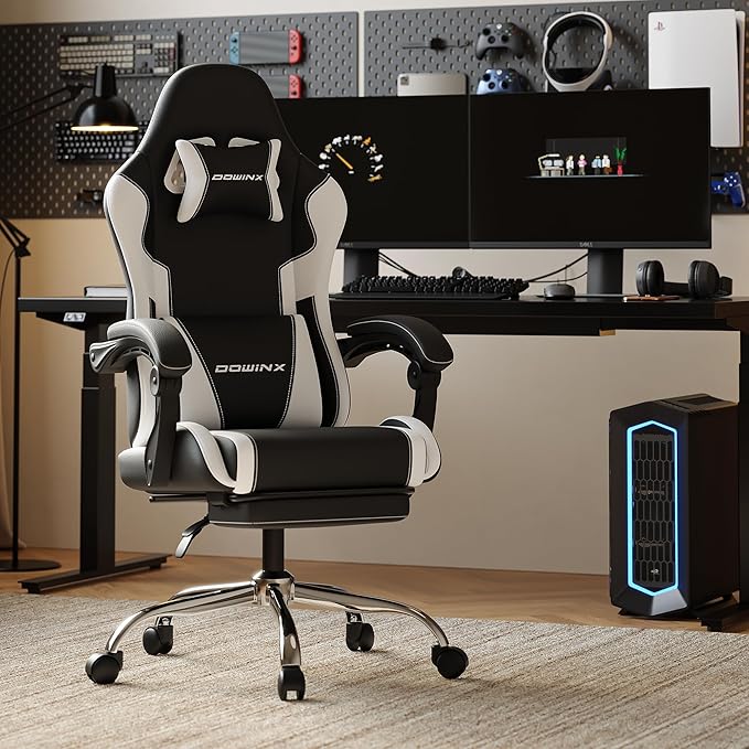 Dowinx Ergonomic Gaming Chair with Footrest Heavy Duty 330lbs Office Chair Massage Lumbar Support Adjustable Height &amp Headrest Pillow Comfortable for Back Pain Relief Streaming Long Gaming Whi