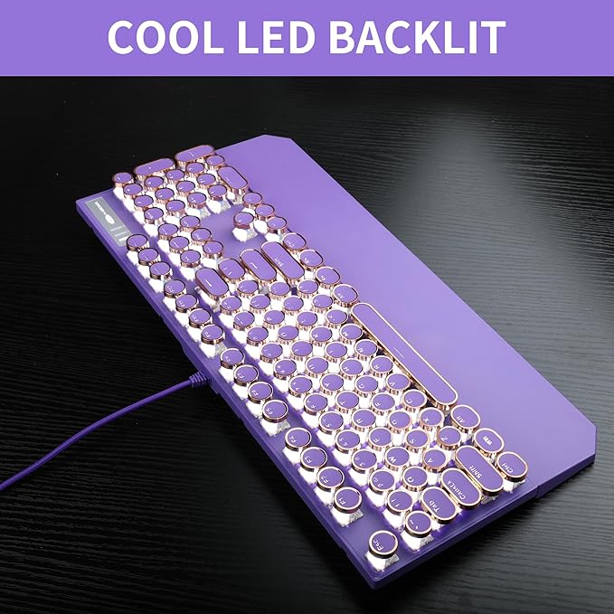 Camiysn Typewriter Style Mechanical Gaming Keyboard Purple Retro Punk Gaming Keyboard with White Backlit 104 Keys Blue Switch Wired Cute Keyboards Round Keycaps for Windows/Mac/PC