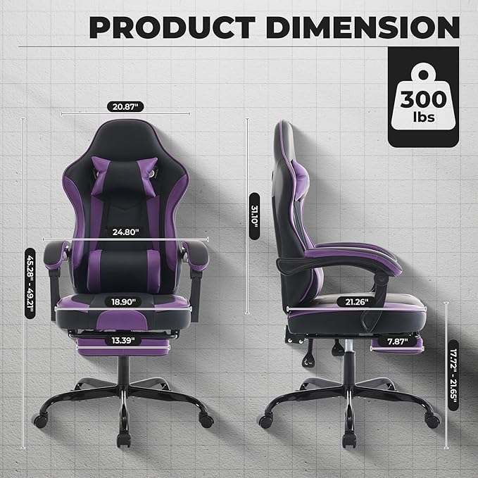 Cute Gaming Chair with Cat Paw Lumbar Cushion and Cat Ears Kawaii Pink Computer Chair with Footrest Ergonomic PC Video Anime Gaming Chairs Recliner for Kids Girls Teens (Purple+Black)