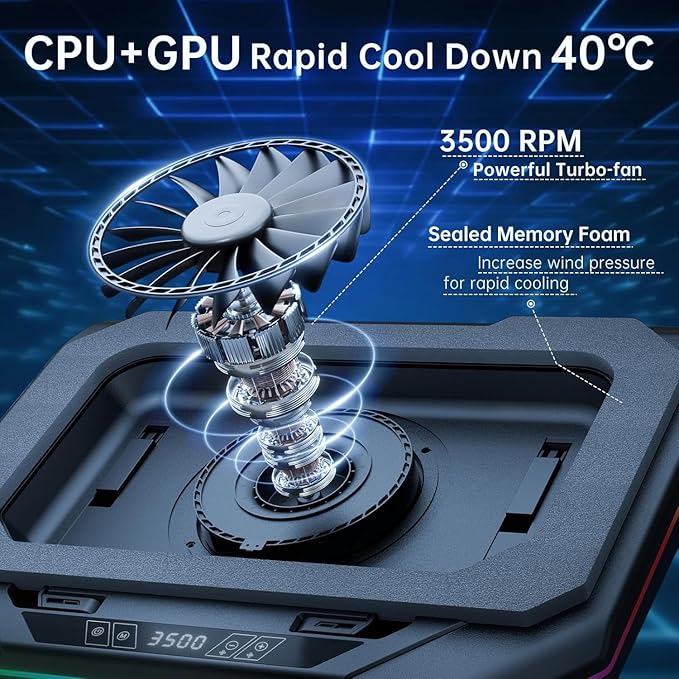 Cooling Pad for Lenovo Legion Pro 5 16IRX9 Gaming Laptop Cooler with Powerful Turbo Cooling Fan Can Fast Cooling CPU+GPU 40°C Variable Speed6 RGB Light ModeTouch Control LCD Screen 3 USB-A Port