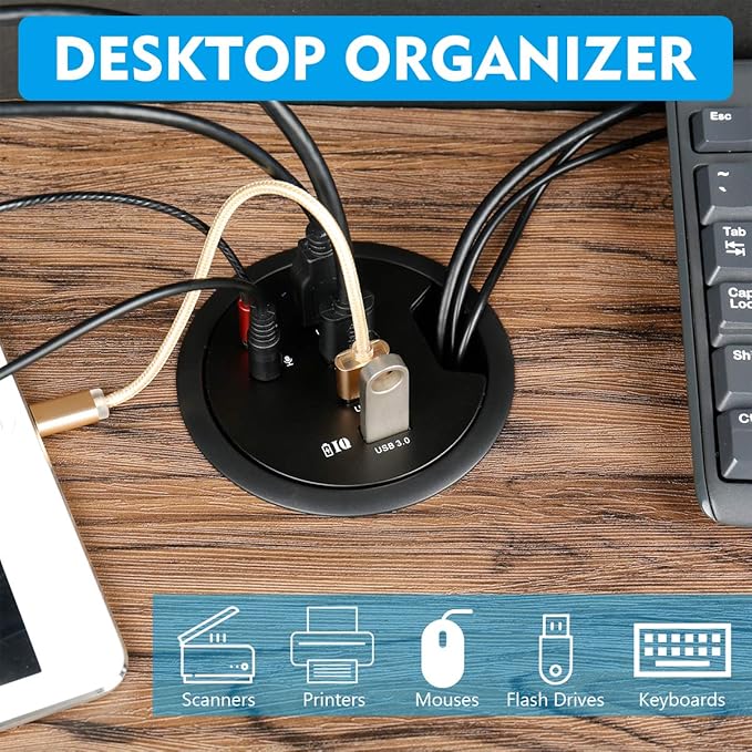 WDX Desk-Fit (Diameter 3.14 or 80MM) 4 Port USB 3.0 Hub with 3.5mm Audio Mic Phone Jack/BC 1.2 USB Charger 5V/2A Power Adapter for iPhone/Smart Phones(usb3.0 4 Port)(AC Power Supply Included)