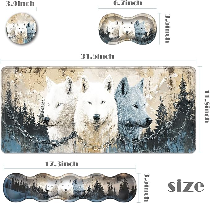 Ergonomic Keyboard Wrist Rest &amp Mouse Pad Wrist Rest SetXL Gaming Desk Mat 31.5x 11.8Non-Slip BaseMemory FoamEasy Typing Pain Relief for Office &amp HomeWolves Metal Chain Winter
