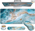 Desk Mat for Keyboard and Mouse Large Mouse Pad with Wrist Rest and Keyboard Pad 4PCS Carpal Tunnel Keyboard Wrist Support Computer Mousepad for Laptop Teal Blue Turquoise Marble