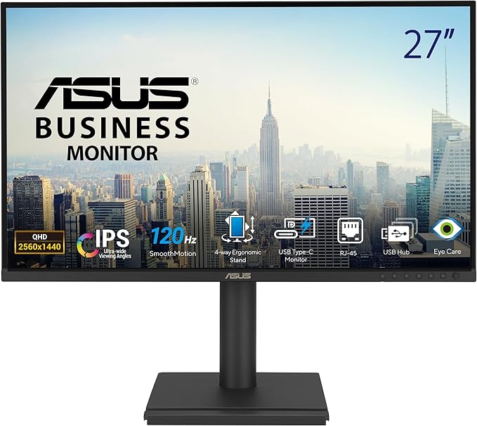 ASUS 27” 1440P USB-C RJ45 Docking Monitor (BE27ACGN) – QHD (2560x1440) IPS 120Hz Frameless Speakers Height Adjustable DisplayPort Daisy-Chain Power Sync Eye Care 3 yr Warranty